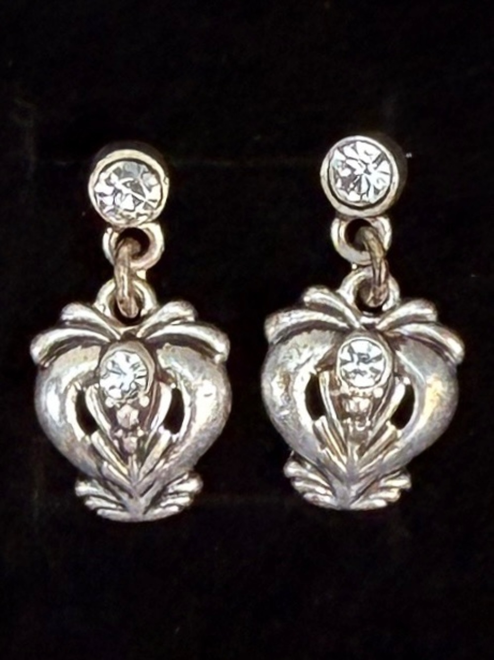 Vintage Aged Silvertone Heart Drop Pierced Earrings